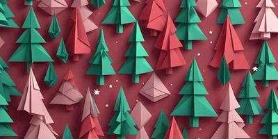 The primary subject of the image is a group of Christmas trees. The setting is a red background with a pattern of trees, creating a festive and holiday atmosphere. The visual style is a combination of digital art and illustration, with the trees being depicted in a three-dimensional manner. The colors and mood are predominantly red, green, and white, reflecting the traditional colors of Christmas decorations.